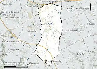 Carte en couleur présentant le réseau hydrographique de la commune