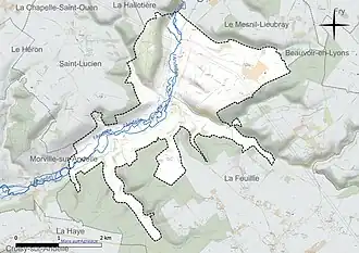 Carte en couleur présentant le réseau hydrographique de la commune