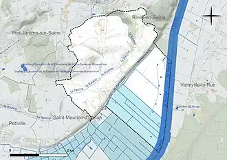 Carte en couleur présentant le réseau hydrographique de la commune