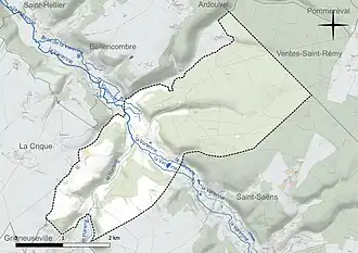 Carte en couleur présentant le réseau hydrographique de la commune