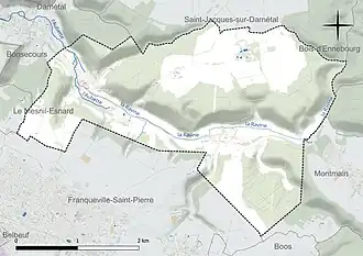 Carte en couleur présentant le réseau hydrographique de la commune