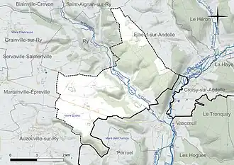Carte en couleur présentant le réseau hydrographique de la commune