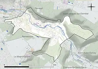 Carte en couleur présentant le réseau hydrographique de la commune