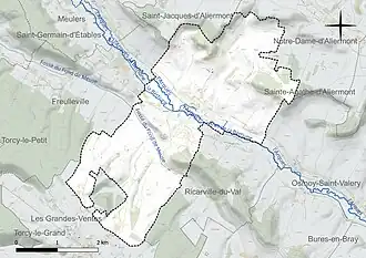 Carte en couleur présentant le réseau hydrographique de la commune