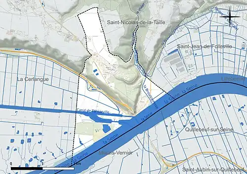 Carte en couleur présentant le réseau hydrographique de la commune