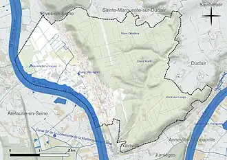 Carte en couleur présentant le réseau hydrographique de la commune