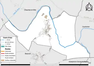 Carte en couleur présentant le réseau hydrographique de la commune