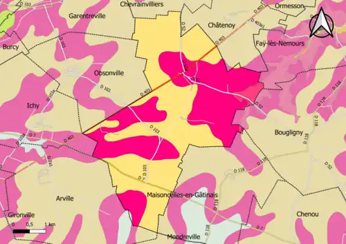 Carte montrant en couleurs le zonage géologique simplifié d'une commune