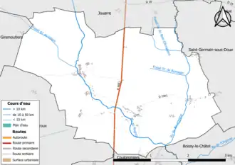 Carte en couleur présentant le réseau hydrographique de la commune