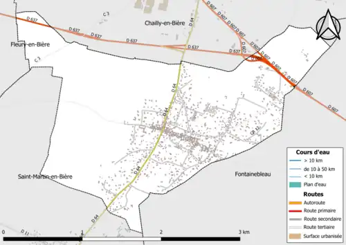 Carte en couleur présentant le réseau hydrographique de la commune