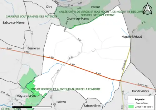 Carte des ZNIEFF de type 1 de la commune.