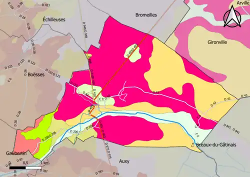 Carte montrant en couleurs le zonage géologique simplifié d'une commune