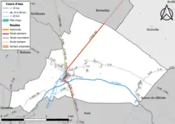 Carte en couleur présentant le réseau hydrographique de la commune