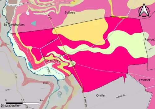 Carte montrant en couleurs le zonage géologique simplifié d'une commune