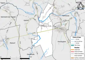 Carte en couleur présentant le réseau hydrographique de la commune