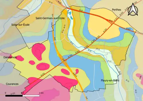 Carte montrant en couleurs le zonage géologique simplifié d'une commune
