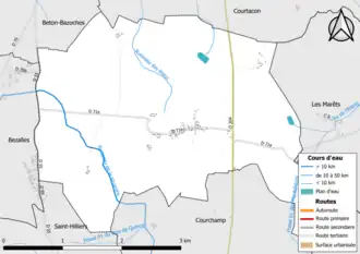 Carte en couleur présentant le réseau hydrographique de la commune