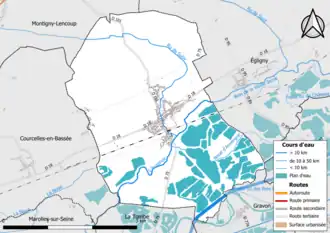 Carte en couleur présentant le réseau hydrographique de la commune