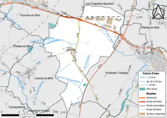 Carte en couleur présentant le réseau hydrographique de la commune