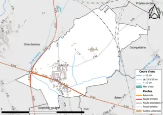 Carte en couleur présentant le réseau hydrographique de la commune