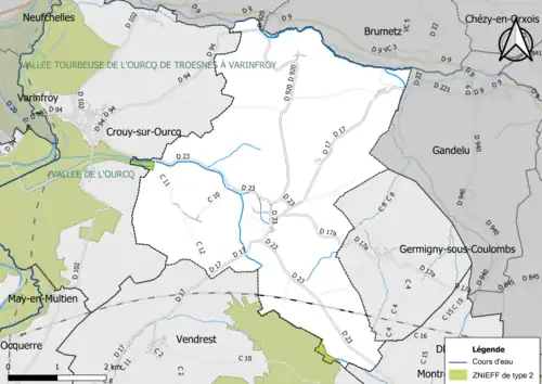 Carte des ZNIEFF de type 2 de la commune.