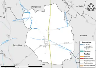 Carte en couleur présentant le réseau hydrographique de la commune