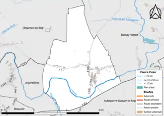Carte en couleur présentant le réseau hydrographique de la commune