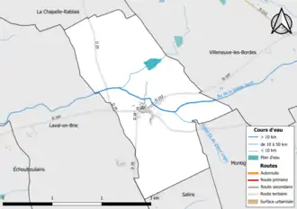 Carte en couleur présentant le réseau hydrographique de la commune