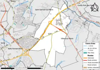 Carte en couleur présentant le réseau hydrographique de la commune