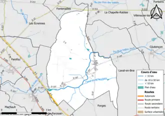 Carte en couleur présentant le réseau hydrographique de la commune