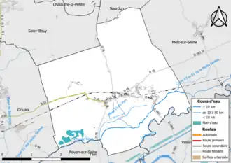 Carte en couleur présentant le réseau hydrographique de la commune