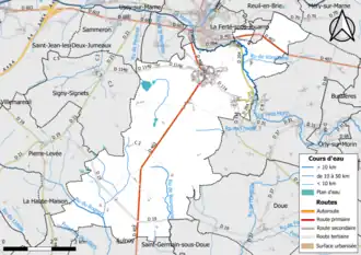 Carte en couleur présentant le réseau hydrographique de la commune