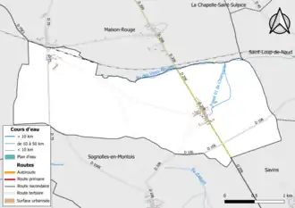 Carte en couleur présentant le réseau hydrographique de la commune