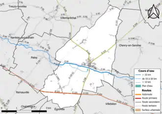 Carte en couleur présentant le réseau hydrographique de la commune