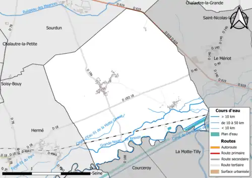 Carte en couleur présentant le réseau hydrographique de la commune