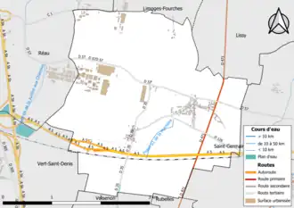 Carte en couleur présentant le réseau hydrographique de la commune