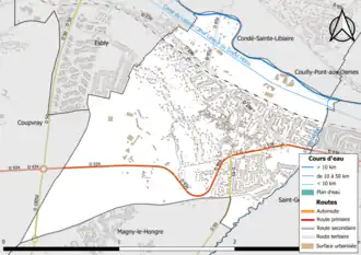 Carte en couleur présentant le réseau hydrographique de la commune