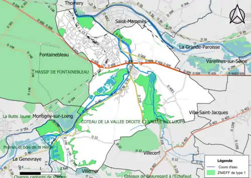 Carte des ZNIEFF de type 1 de la commune.