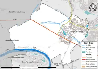 Carte en couleur présentant le réseau hydrographique de la commune