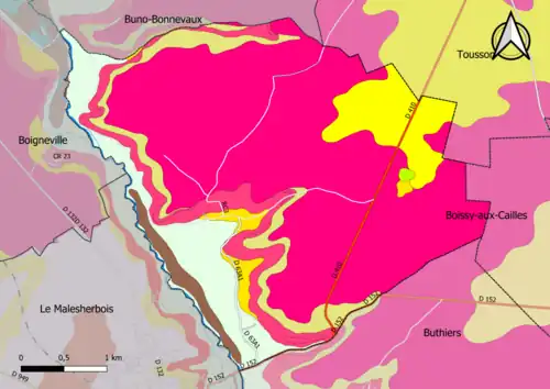 Carte montrant en couleurs le zonage géologique simplifié d'une commune