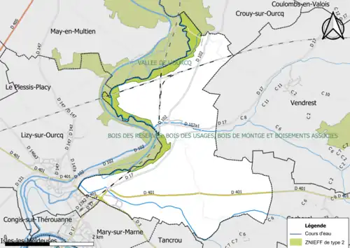 Carte des ZNIEFF de type 2 de la commune.