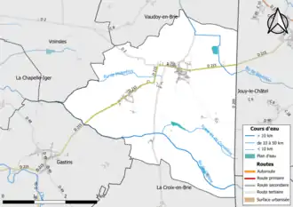 Carte en couleur présentant le réseau hydrographique de la commune