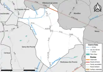 Carte en couleur présentant le réseau hydrographique de la commune