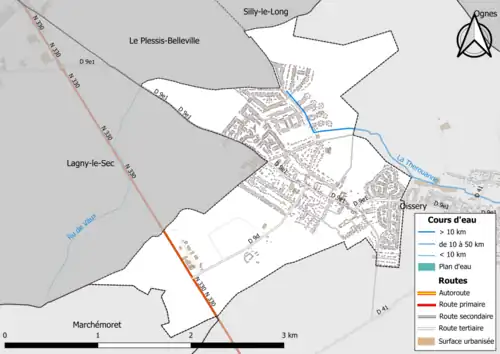 Carte en couleur présentant le réseau hydrographique de la commune