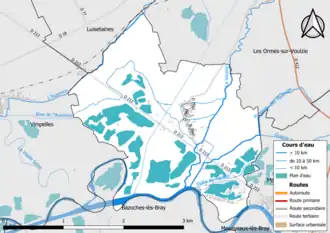 Carte en couleur présentant le réseau hydrographique de la commune