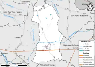 Carte en couleur présentant le réseau hydrographique de la commune
