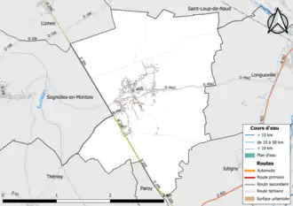 Carte en couleur présentant le réseau hydrographique de la commune