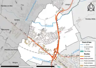 Carte en couleur présentant le réseau hydrographique de la commune