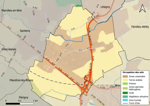 Carte des infrastructures et de l'occupation des sols en 2018 (CLC) de la commune.