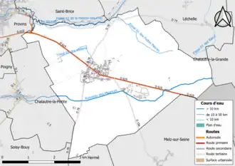 Carte en couleur présentant le réseau hydrographique de la commune